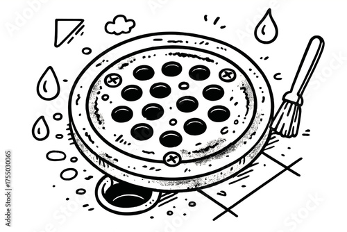 Floor Drain Close-Up. Floor Drain Cover Close-Up. Hand-drawn doodle illustration floor drain cover close-up circular metal grate, holes, screws,