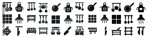 Kitchen and cooking tools solid icons set – culinary, utensil, chef essentials