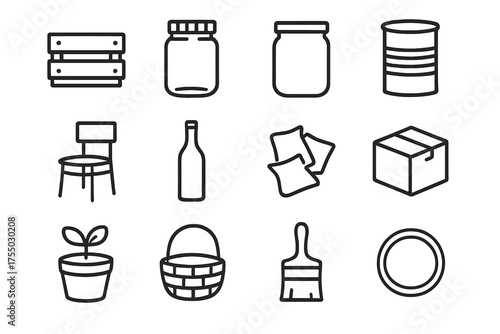 Repurposed Decor Icons. Repurposed decor. Line icon set of Repurposed decor: wooden crate, mason jar, glass jar, tin can, old chair, wine bottle, fabric
