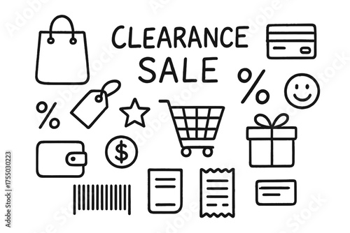 Clearance Sale Doodle Icons. Clearance sale. Hand-drawn doodle illustration clearance sale shopping bag, percent sign, price tag, star, cart, wallet, coin,