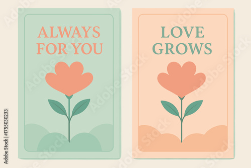 Blooming Love Banners. Growth in Love. Two vertical A6 banners with safe margins, centered composition, no elements touching edges, pastel style, mint and