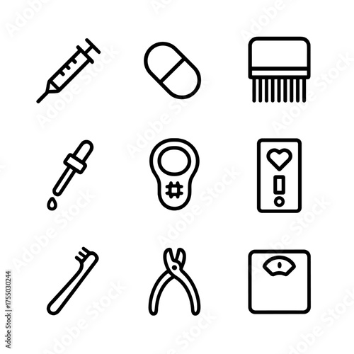 Animal Care Icons. Outline icon set of preventative animal care: vaccine syringe, deworming pill, flea comb, ear dropper,
