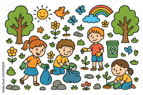 Children's Eco Adventure. Forest Cleanup. Colorful Hand-drawn doodle Children illustration children picking trash, gloves, bags, trees, flowers, birds, sun,