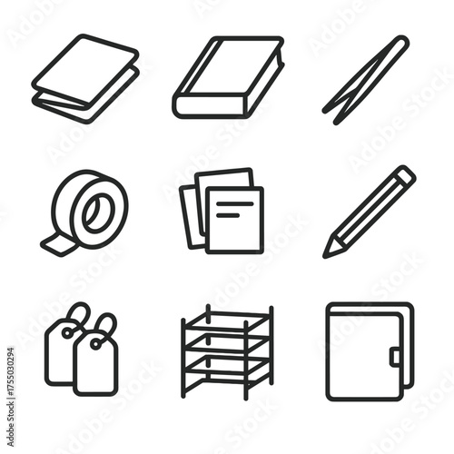 Herbarium Tools Icon Set. Outline icon set of herbarium preparation essentials: blotting paper, heavy book, tweezers, clear tape,