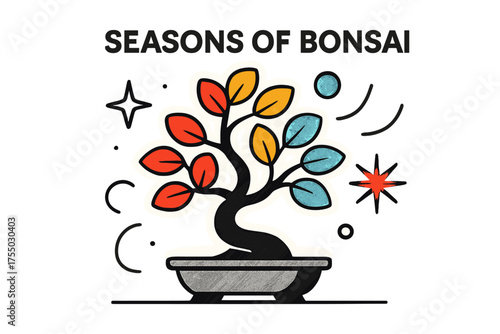 Bonsai Seasons Glow. Seasons of Bonsai. A glowing bonsai tree shown with leaves changing colors, abstract spark and star icons symbolizing time and cycles.