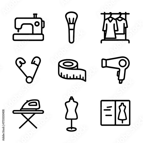 Backstage Fashion Icon Set. Outline icon set of Backstage fashion show scenes: sewing machine, makeup brush, garment rack, ironing