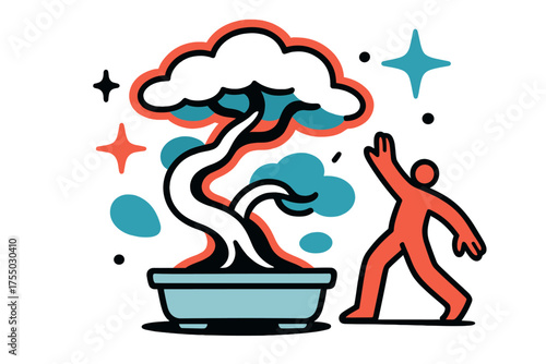 Glowing Bonsai Art. Living Sculpture. A glowing bonsai tree with dramatic curved branches, abstract spark and star icons symbolizing natural art. Modern