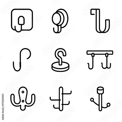 Bathrobe Hook Icons. Outline icon set of bathrobe hook types: adhesive hook, suction cup hook, over-door hook, screw-in hook,
