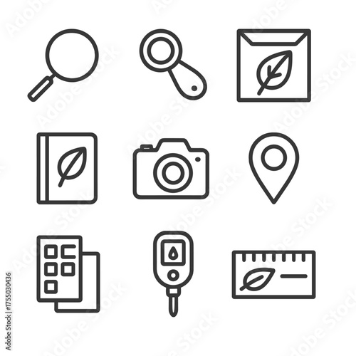 Botanical Tool Icons. Outline icon set of botanical documentation tools: magnifying glass, hand lens, specimen envelope, field