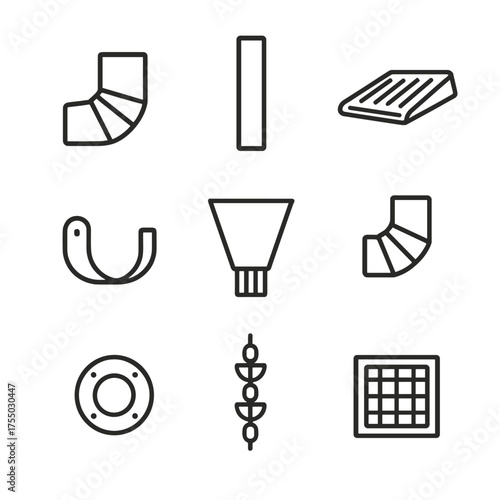 Downspout Components Icons. Outline icon set of downspout components: downspout elbow, extension pipe, splash block, clip bracket,