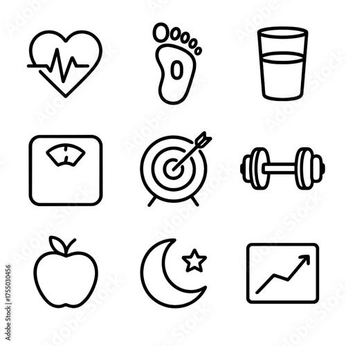 Fitness Icons Grid. Outline icon set of fitness goal progress: heart rate line, step counter footprint, water intake glass, weight