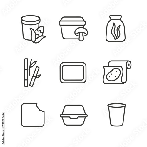 Biodegradable Packaging Icons. Outline icon set of biodegradable packaging materials: cornstarch container, mushroom-based box,