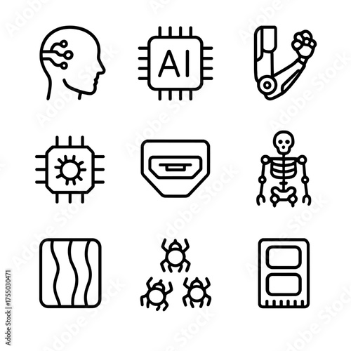 Cybercore Hardware Icons. Outline icon set of Cybercore hardware: neural implant, AI chip, cybernetic limb, quantum processor,