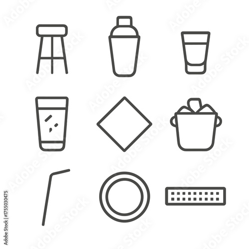 Bar Counter Essentials Icons. Outline icon set of bar counter essentials: bar stool, cocktail shaker, shot glass, highball glass,