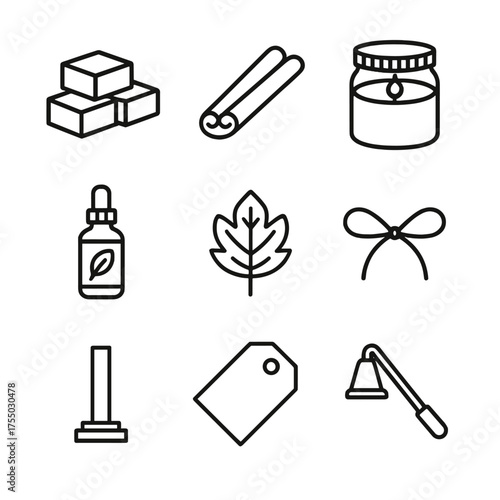 Fall Candle Icon Set. Outline icon set of fall candle making: soy wax block, cinnamon stick, mason jar candle, essential oil