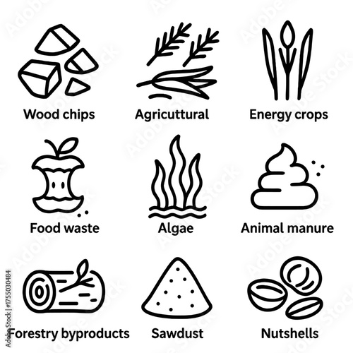 Biomass Feedstock Icons. Outline icon set of biomass feedstock types: wood chips, agricultural residue, energy crops, algae, food