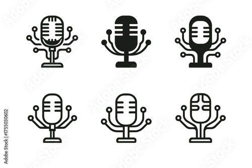 Tech-Infused Music Icons. The impact of technology on music. Set Logo of The impact of technology on music: vintage microphone with circuit. harmonious logo