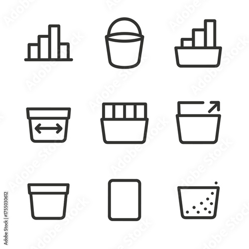 Data Sorting Icons. Outline icon set of data sorting algorithm bins: histogram bin, bucket sort bin, frequency bin, range bin,