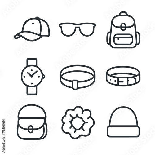 Casual Accessories Icons. Outline icon set of casual accessories: baseball cap, sunglasses, backpack, wristwatch, bracelet, belt,