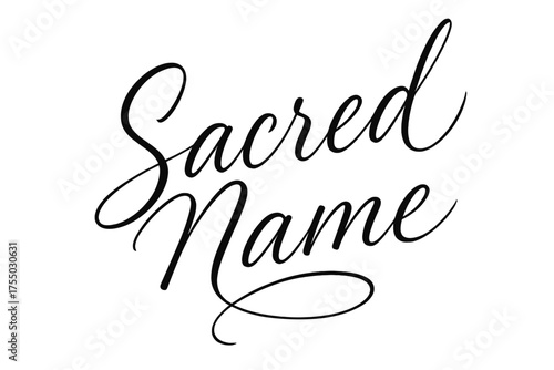 Sacred Script Style. Sacred Name ? Script Hand-Lettering, flowing semi-cursive brush style with thin connectors, tilted diagonal composition, expressive black
