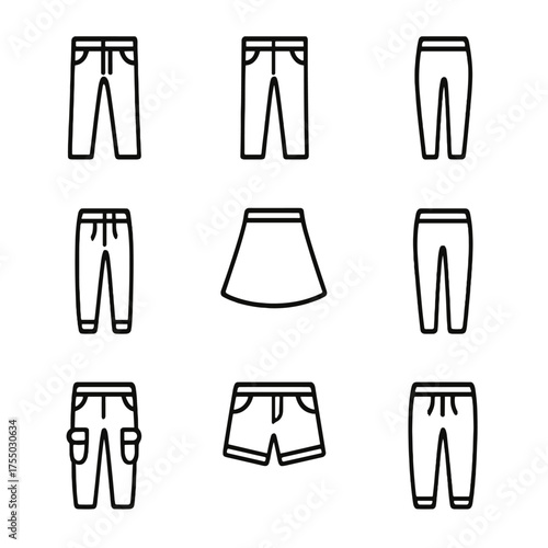 Casual Bottom Wear Icons. Outline icon set of casual bottom wear: jeans, chinos, shorts, joggers, skirt, leggings, cargo pants,