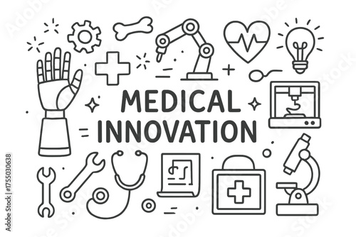Medical Innovation Doodle. Medical innovation. Hand-drawn doodle illustration medical innovation prosthetic hand, robotic arm, gear, bone, heart, medical