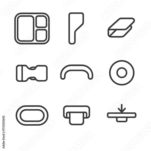 Bento Box Icons. Outline icon set of meal-prep bento box elements: compartment tray, divider insert, lid snap, buckle latch, carry