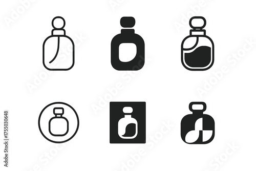 Vanity Logo Variations. Arranging cosmetics and skincare in a vanity. Set Logo of Arranging cosmetics and skincare in a vanity: perfume bottle. harmonious logo