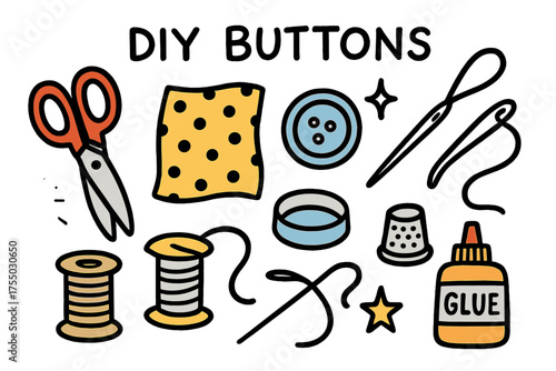 Colorful DIY Button Craft. DIY Buttons. Hand-drawn doodle illustration scissors (colored), fabric (colored), button mold (colored), sparkle, star, needle,