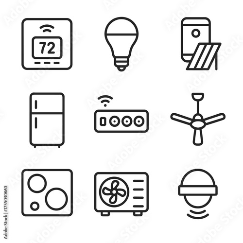 Energy-Saving Appliance Icons. Outline icon set of energy-saving home appliances: smart thermostat, LED light bulb, solar water