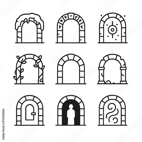Ancient Portal Icons. Outline icon set of ancient stone portals: moss-covered archway, carved runes, glowing glyphs, creeping