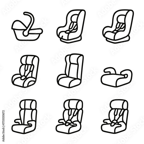 Child Seat Icon Set. Outline icon set of child seat types and age groups: infant carrier, rear-facing seat, convertible seat,