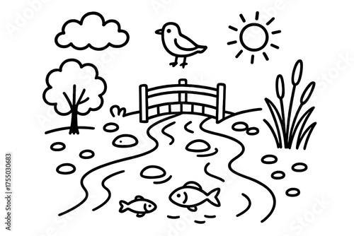 River Path Doodle. River Path. Hand-drawn doodle illustration River Path wooden bridge stones water reeds fish bird tree cloud sun pebble. Simple cartoon-style