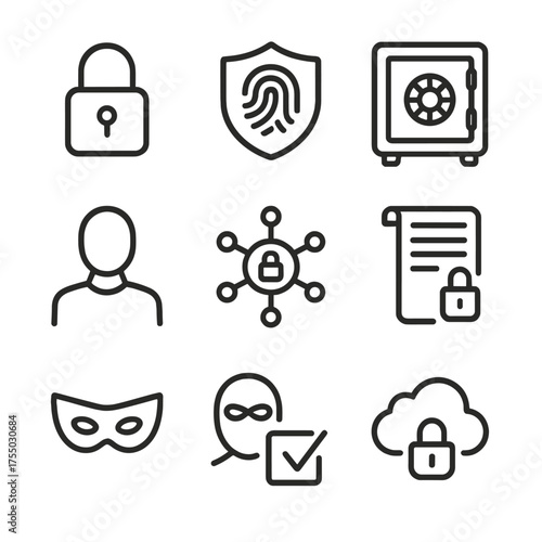 AI Security Icons. Outline icon set of AI privacy and data protection: padlock, shield with fingerprint, safe box, anonymized