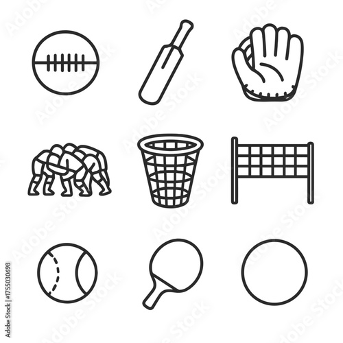 Evolution of Ball Sports. Outline icon set of evolution of ball sports: leather football, wooden cricket bat, vintage baseball