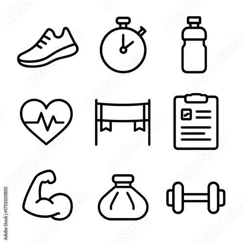 Athletic Training Icons. Outline icon set of athletic training perseverance: running shoes, stopwatch, water bottle, dumbbell,