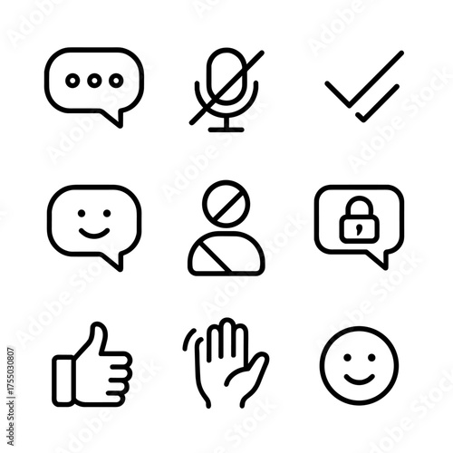 Digital Communication Icons. Outline icon set of digital communication etiquette: typing indicator dots, muted microphone, read