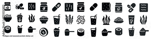 Algae and seaweed solid icons set – filled, nutritious food and culinary symbols