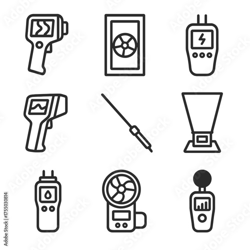 Home Energy Tools Icons. Outline icon set of home energy audit tools: infrared camera, blower door, watt meter, thermal scanner,