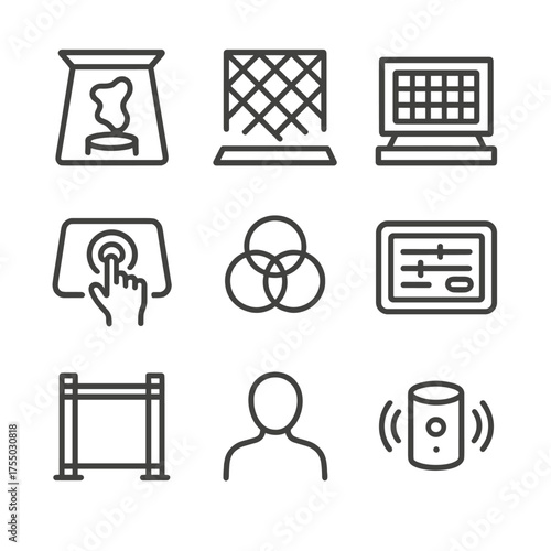 Holographic Art Icons. Outline icon set of holographic art installations: floating sculpture, light lattice, projection grid,