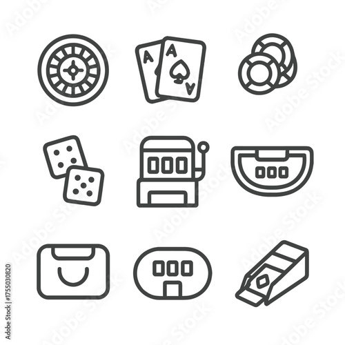 Casino Game Icons. Outline icon set of classic casino games: roulette wheel, playing cards, poker chips, dice, slot machine,