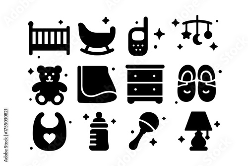 Nursery Luxury Icons. Nursery luxury. Solid icons set of Nursery luxury: crib, cradle, baby monitor, mobile, plush toy, blanket, dresser, baby shoes, bib,
