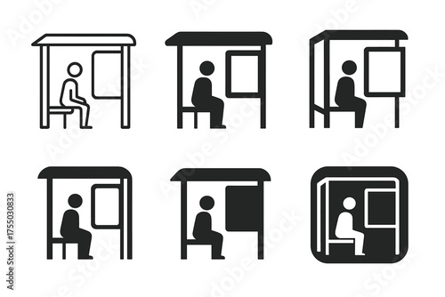 Bus Stop Logos. A person waiting at a bus stop under a digital advertising screen in the city. Set Logo of A person waiting at a bus stop under a digital