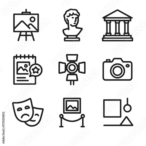 Aesthetic Theory Icon Set. Outline icon set of aesthetic theory and critique: painting canvas, sculpture bust, gallery building,