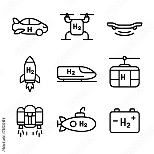 Futuristic Hydrogen Transport Icons. Outline icon set of futuristic hydrogen mobility: flying car, drone taxi, hoverboard,