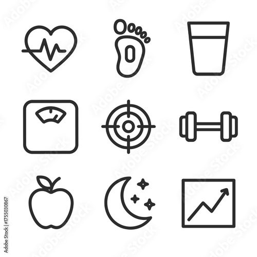 Fitness Icons Grid. Outline icon set of fitness goal progress: heart rate line, step counter footprint, water intake glass, weight