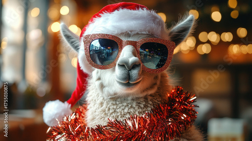 Dramatic llama in Santa hat with sparkly sunglasses, disco ball and tinsel scarf, striking sassy pose, holiday party meme