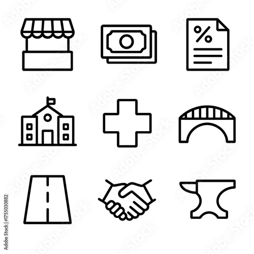 Economic Development Icons. Outline icon set of community economic development: market stall, currency notes, microloan document,