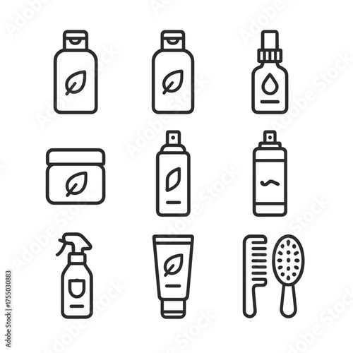 Haircare Icons Grid. Outline icon set of haircare product arrangement: shampoo bottle, conditioner bottle, hair oil dropper, hair