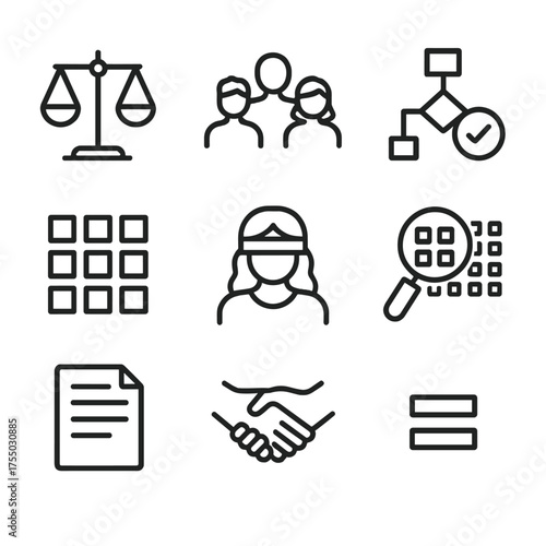 AI Fairness Icons. Outline icon set of AI fairness and bias mitigation: balanced scale, diverse user silhouettes, algorithm with